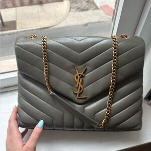 Yves Saint Laurent Chevron Gray Shoulder Bag with Gold Chain